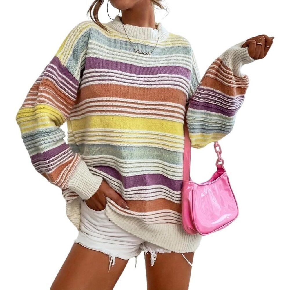 Womens Knitted Rainbow Stripe Oversized Crewneck Pullover Sweater Small